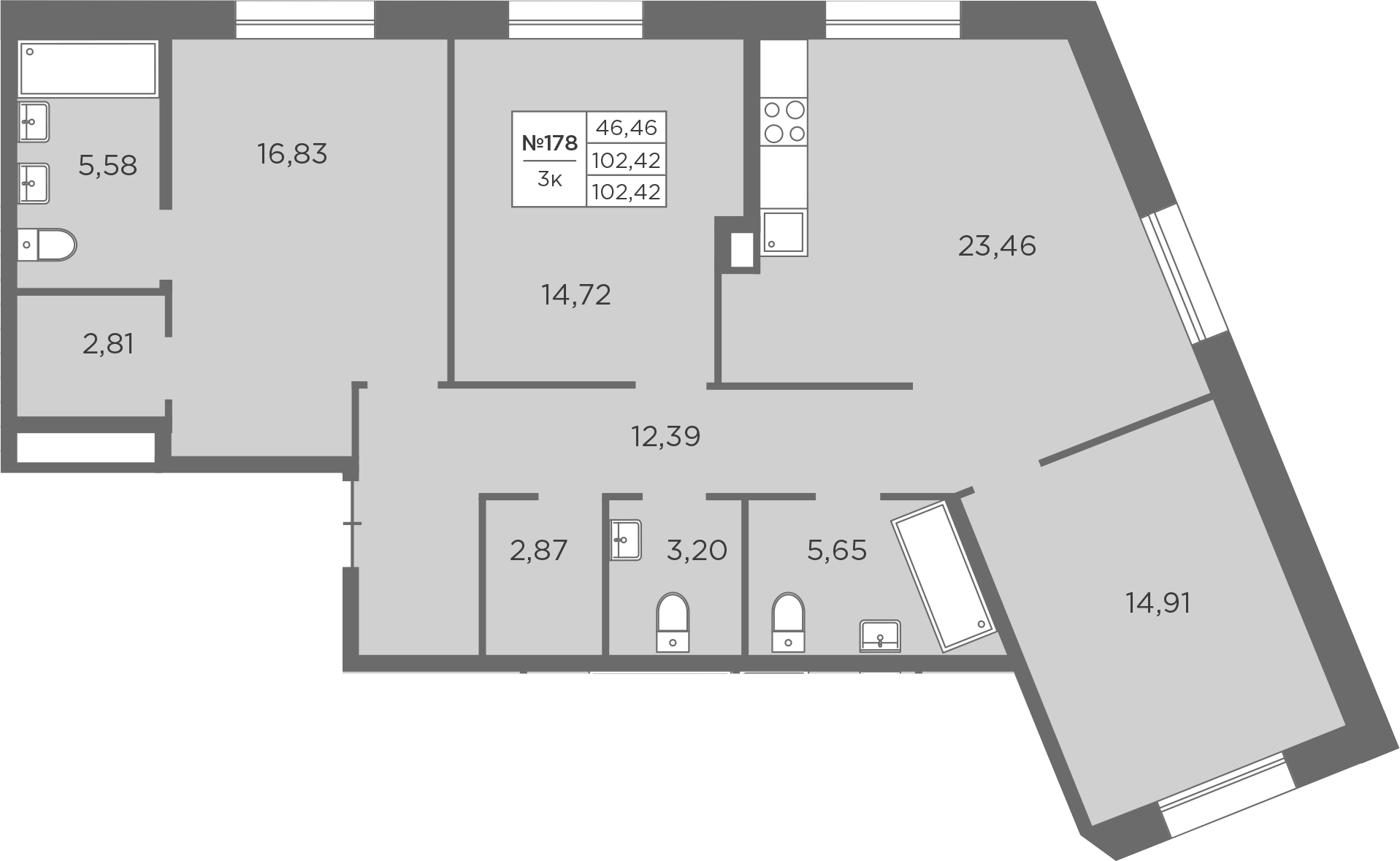3-комнатная квартира 102.42 м², 2/8 эт., ЖК «Северная Корона»